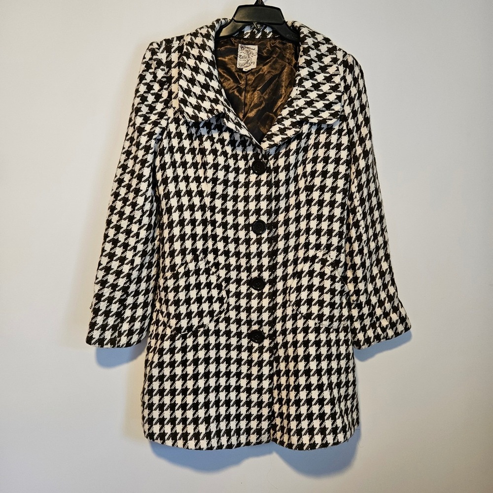 Tulle Houndstooth Pea Coat Womens XL Wool Blend Jacket Old Money Twee Equestrian